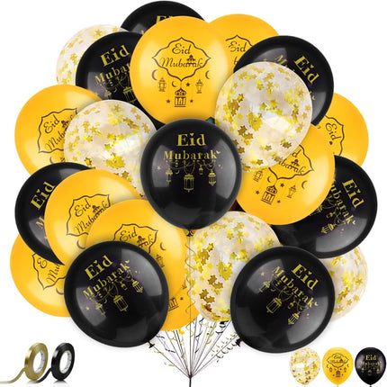 32 PCS Eid Mubarak Balloons – Black & Gold, 12", Includes 2 Ribbons