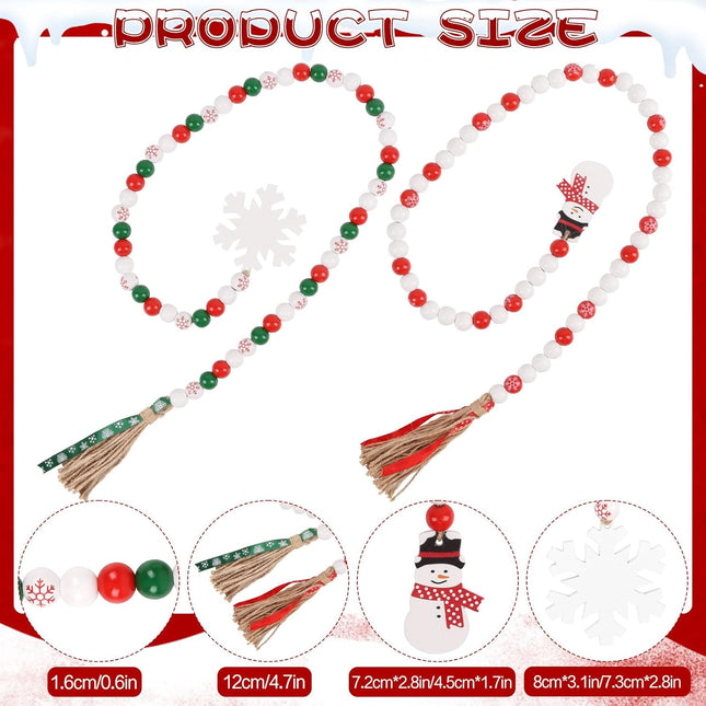 2 PCS Christmas Wooden Bead Garland – Red Green Beads with Snowman Tags