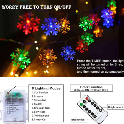 40 LED Multicolor Snowflake Christmas Lights, 20FT String with 8 Modes, Battery Powered