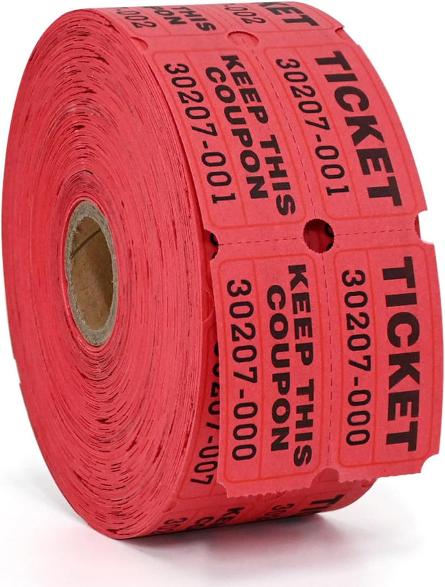 Red Raffle Tickets 1000 Pairs Double Roll 50/50 Numbered Tickets for Events and Prizes