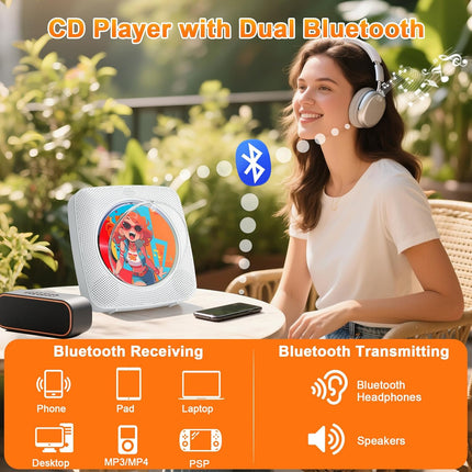 Portable CD Player with Bluetooth, Dual Speakers, Rechargeable 1800mAh