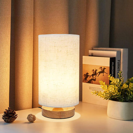 Minimalist Wood Base Lamp with Round Fabric Shade for Bedroom, Dorm, or Nursery