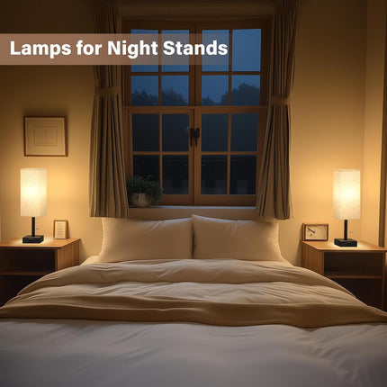Set of 2 Bedside Table Lamps 14 Inch Pull Chain AC Outlet 3 Colour Temperatures