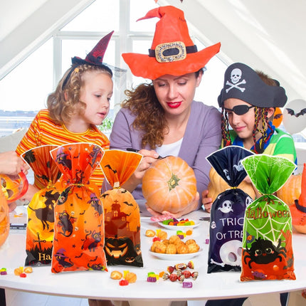50-Piece Halloween Treat Bags, Clear Cellophane Candy Goodie Bags with Ties