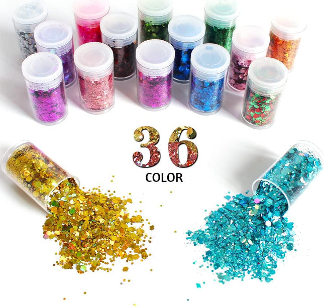 36 Colors Chunky Craft Glitter Set, Sparkling Glitter Flakes for Resin, Nails and DIY Crafts
