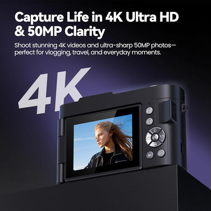 4K Digital Camera 50MP 16X Zoom Flip Screen Compact Camera for Teens