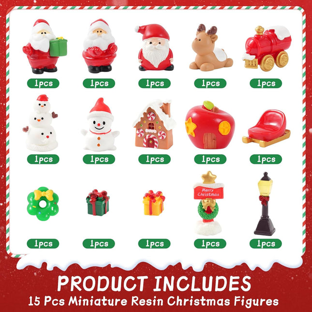 15pcs Mini Christmas Figurines – Resin Ornaments for DIY Crafts & Dollhouse Decor