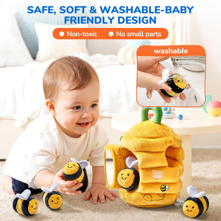 Soft Baby Beehive Toy with 5 Sensory Bees – Montessori, Rattle & Mirror