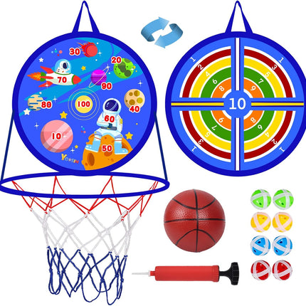 2-in-1 Kids Basketball Hoop & Dart Board, Indoor Outdoor Sports Game Toy