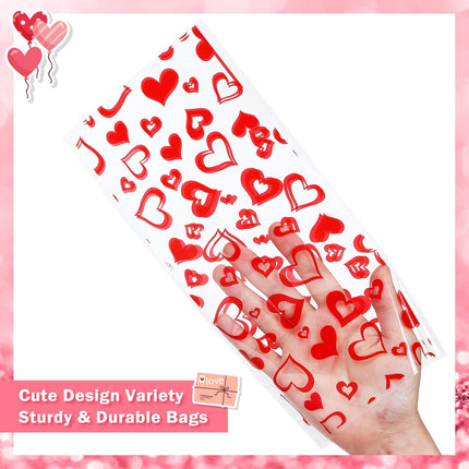 100 PCS Red Valentine’s Day Treat Bags: Heart Cellophane Bags with Twist Ties