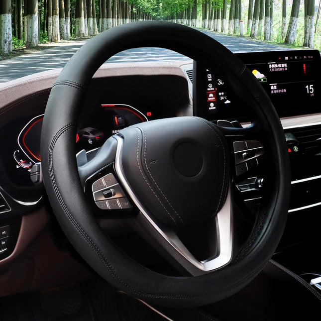 Car Steering Wheel Cover – Universal Fit, Leather with Anti-Slip Lining, 14.5"-15" Diameter
