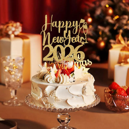 Gold Glitter Happy New Year 2026 Cake Topper NYE Party Decorations