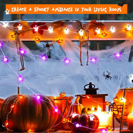 9.8FT 30LED Halloween String Lights, Pumpkin Ghost Bat, Timer, Battery Operated