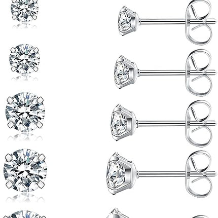 6 Pairs Stud Earrings Set – Hypoallergenic CZ, 316L Stainless Steel, 3-8mm