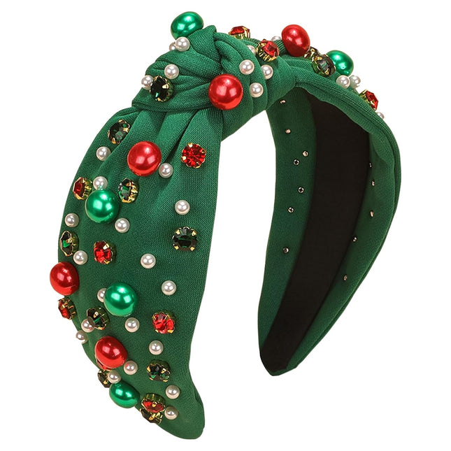 Christmas Headband Women Pearl Knotted Hairband Red & Green Rhinestone Crystal Jewels