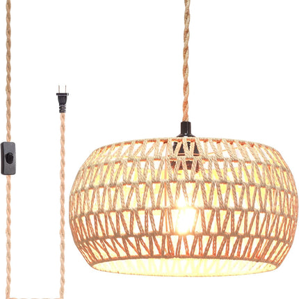 Plug In Rattan Pendant Light Woven Shade 14.8Ft Cord E26 E27 Hanging Lamp with Switch