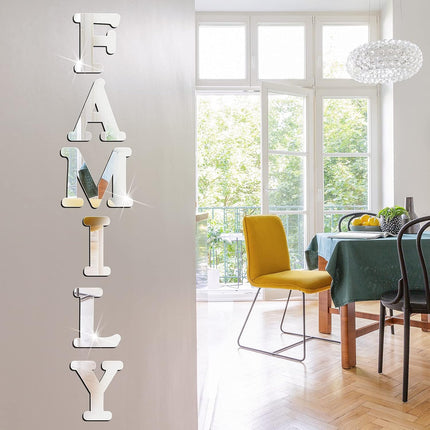 Family Home 3D Wall Sign – Silver Acrylic Mirror Letters for Bedroom & Kitchen