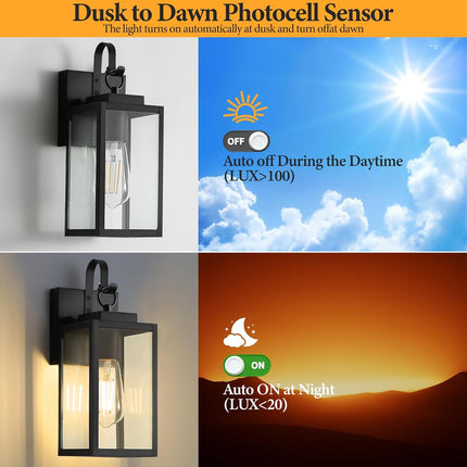 11.8 Inch Outdoor Wall Light Dusk to Dawn Black Metal Frame Clear Glass E26