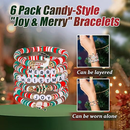 6PCS Christmas Bracelets for Women – Candy-Style Red, White & Green Set