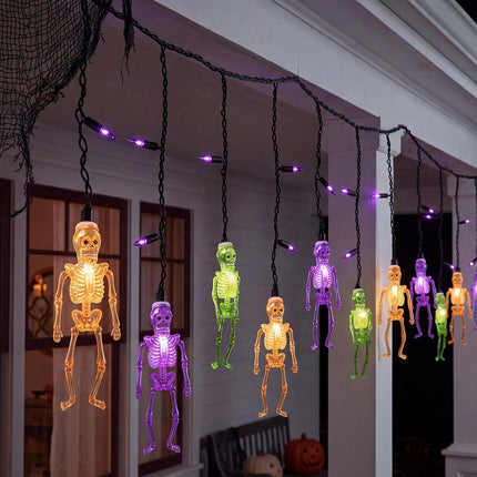 7FT 10LED Halloween Skull Curtain Lights, 15 Purple Bulbs, Plug-In Connectable Decor