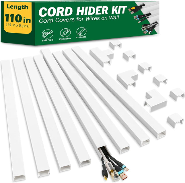 Cord Hider Kit 110in – Self-Adhesive, Paintable Cable Covers for Wall TV Wires, 8-Pack
