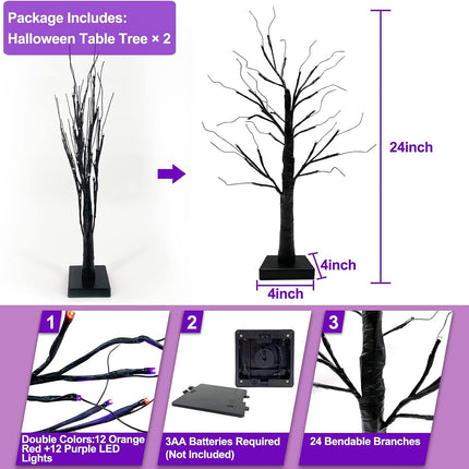 2-Pack 24in Halloween Light-Up Trees, 48 LED Orange Purple Tabletop Decor, Timer