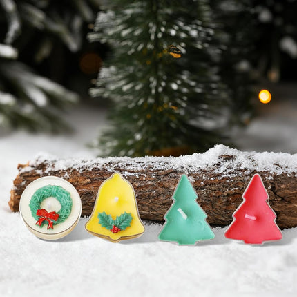 4pcs Christmas Scented Tealight Candles – Tree, Bell & Wreath Shapes