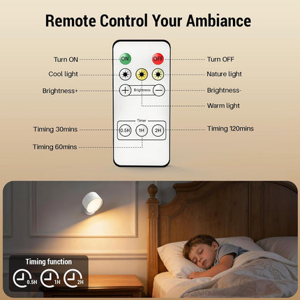 2PCS Battery Operated Wall Sconces 160H 3 Colors 4 Brightness Remote 360° Rotate