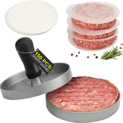 Burger Press Set – 150 Patty Papers, Aluminum Non-Stick Hamburger Maker