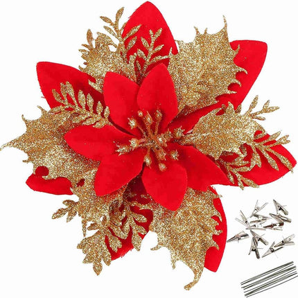 12 PCS Red & Gold Poinsettia Flowers – Xmas Tree & Holiday Decoration