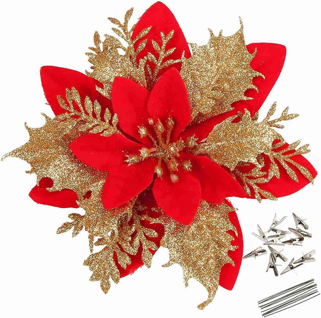 12 PCS Red & Gold Poinsettia Flowers – Xmas Tree & Holiday Decoration