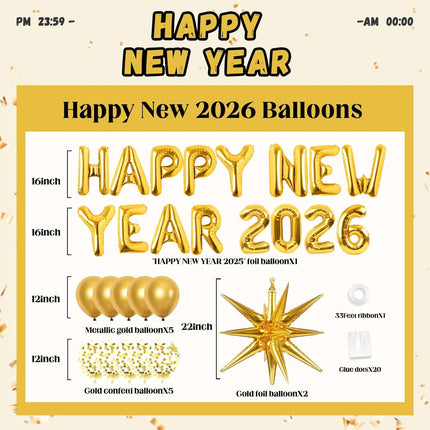 Happy New Year 2026 Balloon Set Metallic Gold Confetti & Number Balloons