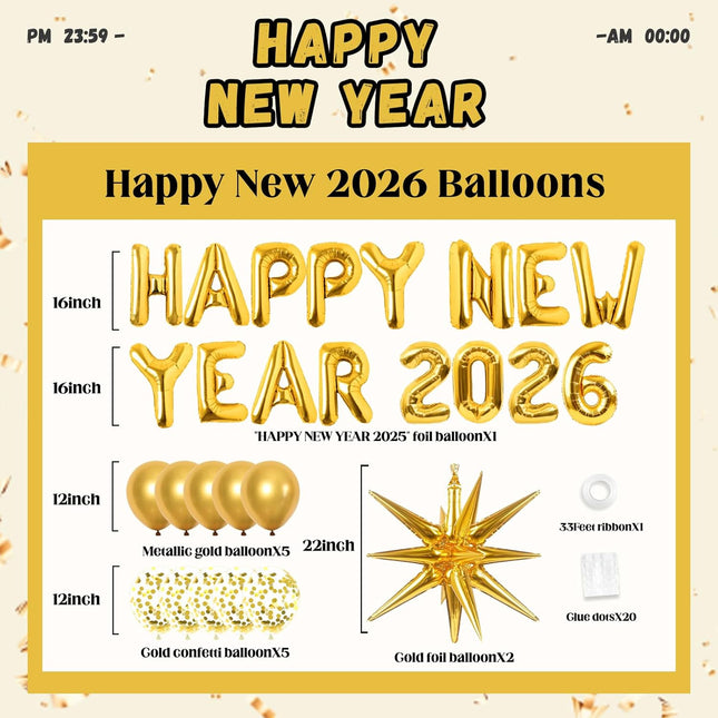 Happy New Year 2026 Balloon Set Metallic Gold Confetti & Number Balloons