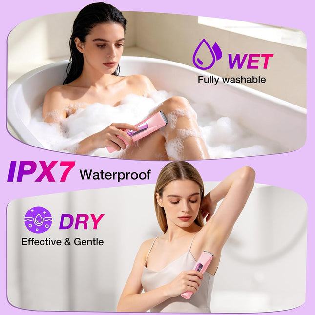 2-in-1 Bikini Trimmer for Women, Waterproof Ceramic Blade Electric Shaver, Rechargeable