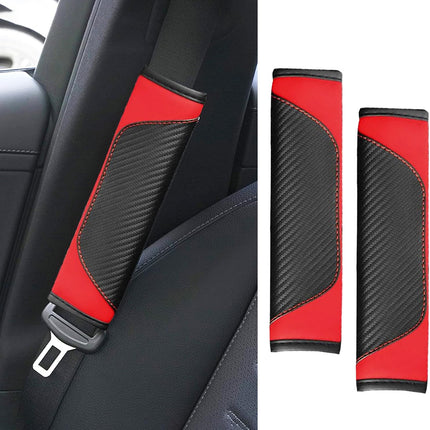 2PCS Red Car Seat Belt Cover Pads Carbon Fiber PU Leather Shoulder Cushion Protectors