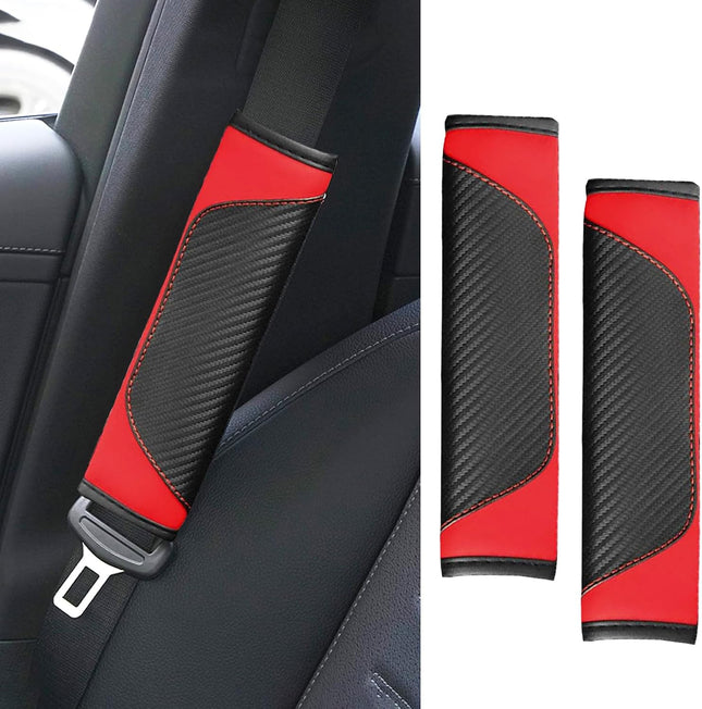 2PCS Red Car Seat Belt Cover Pads Carbon Fiber PU Leather Shoulder Cushion Protectors