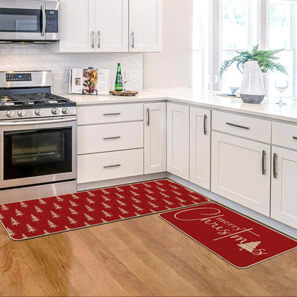Winter Kitchen Rugs Set of 2 Red Xmas Tree Mats 17x29 & 17x47 Inches