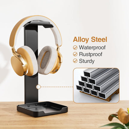 Black Metal Headphone Stand – Stable Holder with Bottom Storage Tray