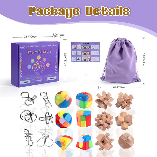 18PCS Brain Teaser Puzzle Set Wooden Metal & Plastic IQ Games for All Ages