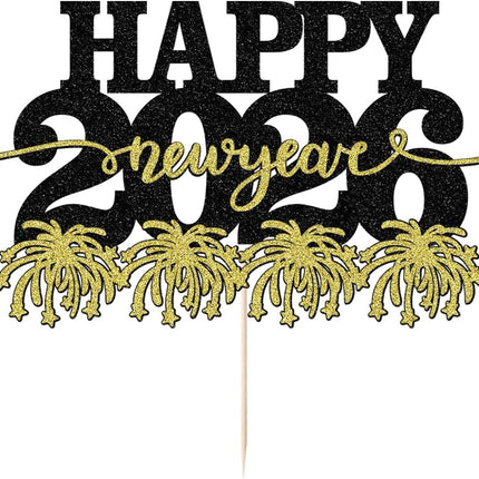 Happy New Year 2026 Cake Decoration – Black & Gold NYE Party Topper