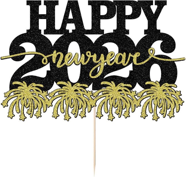 Happy New Year 2026 Cake Decoration – Black & Gold NYE Party Topper