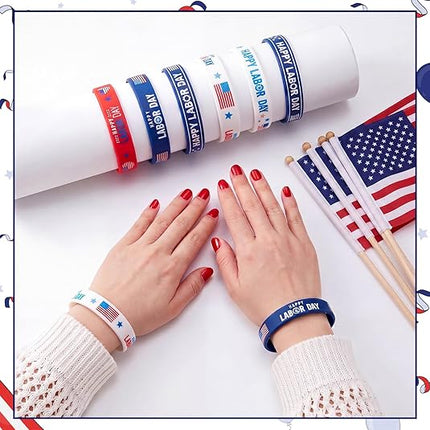 60 Pcs Happy Labor Day Silicone Bracelets Red White Blue Patriotic Wristbands