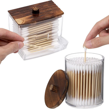 Qtips Holder Bathroom Jar – 10 OZ Cotton Ball & Swab Dispenser, Brown Lid