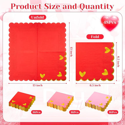48 Pcs Valentine’s Day Cocktail Napkins: Scalloped Heart Paper Napkins with Gold Foil