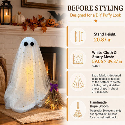 Halloween Lighted Ghost & Witch Broom Set, Fluffy DIY Decor for Mantel & Entryway