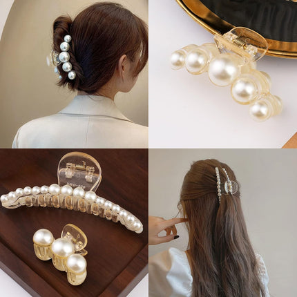 4PCS Large Pearl Hair Claw Clips for Women Girls Thick Hair Styling
