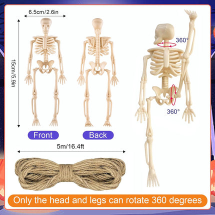 16-Piece 6in Mini Posable Skeletons, Rotating Head & Legs, Halloween Party Decor