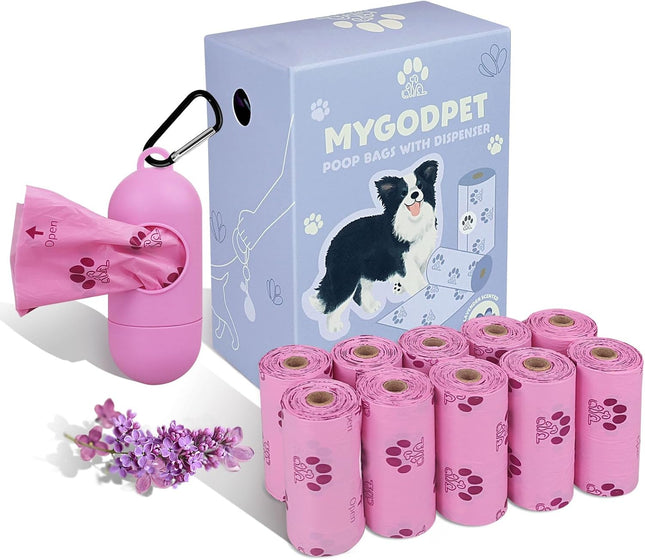 150 Biodegradable Dog Poop Bags with Dispenser – Lavender Scented, Leak-Proof (Purple)