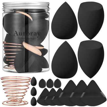 17PCS Makeup Sponge Set, Mini Beauty Blenders, Holder & Powder Puffs, Black