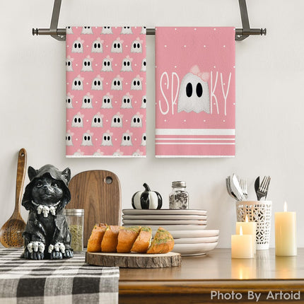 2-Pack Pink Ghost Halloween Kitchen Towels 18x26in, Absorbent Farmhouse Decor